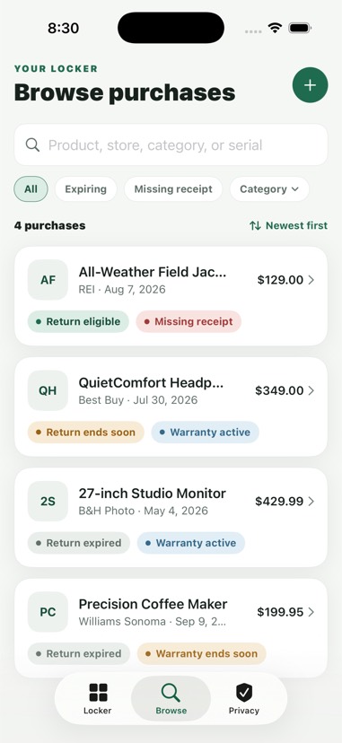 The Browse tab with a search field, filter chips, and purchases labelled by return and warranty status.