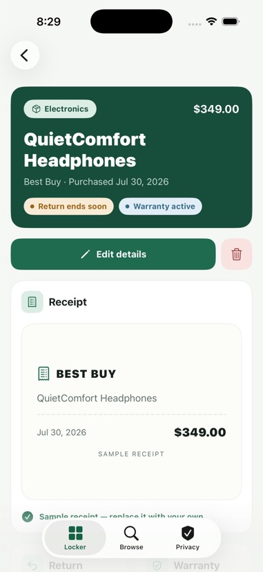 A purchase detail screen showing category, price, return and warranty badges, and the attached receipt.