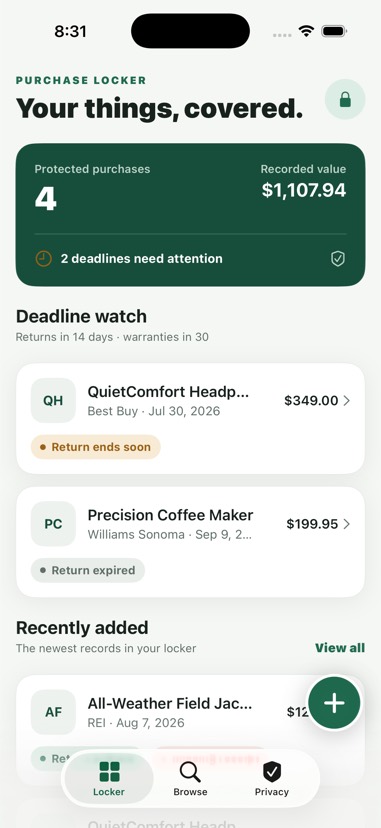 The Locker tab showing protected purchases, recorded value, and a deadline watch list.