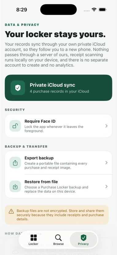 The Privacy tab showing private iCloud sync, a Face ID toggle, and backup and restore options.